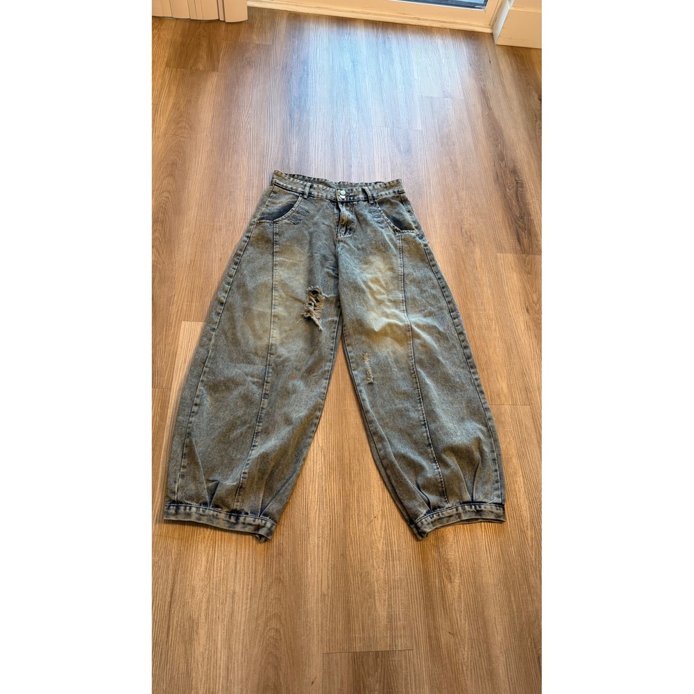 Acid Wash Wide Leg Barrel Jeans Distressed Balloon Denim Light Blue Streetwear